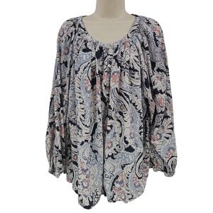 Chaps Blouse Womens 3X Blue Pink Paisley Peasant Boho Flowy Top Cottage Casual